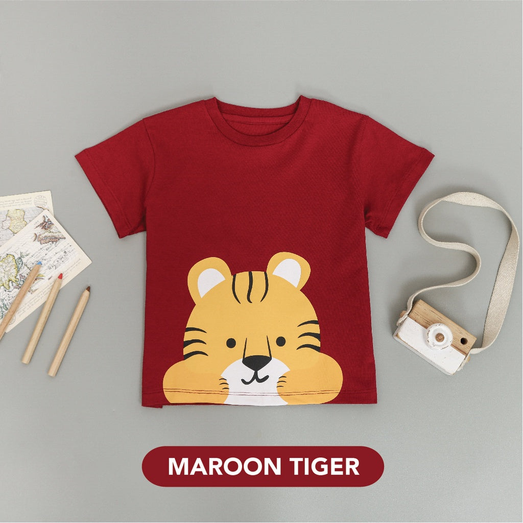 Mooi Kaos Anak Unisex Graphic Tee Maroon Tiger