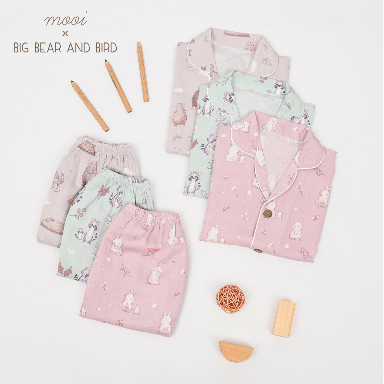 Mooi x Big Bear & Bird Piyama Anak Baju Tidur Anak Short Pajamas Kids
