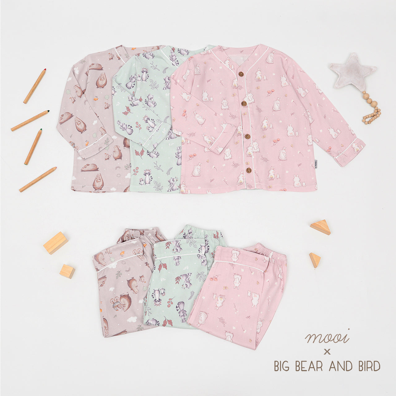 Mooi x Big Bear & Bird Piyama Panjang Anak Baju Tidur Anak Long Pajamas Kids