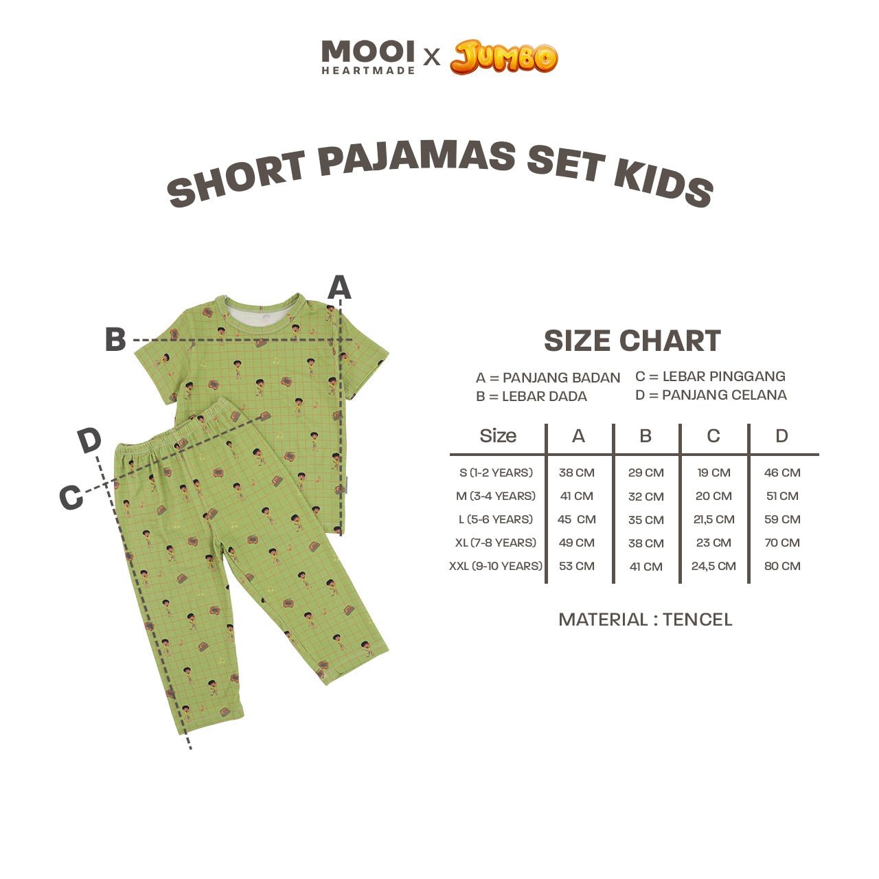 Mooi x Jumbo Setelan Anak Unisex Tencel Short Pajamas Kids