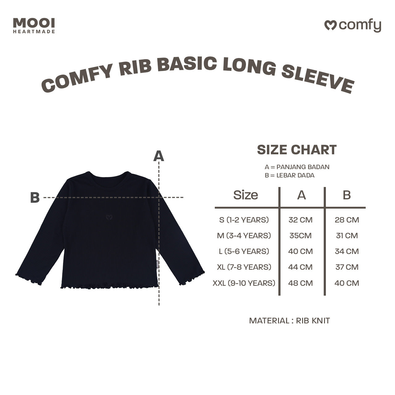 Mooi Atasan Lengan Panjang Anak Perempuan Comfy Rib Basic Long Sleeve Top