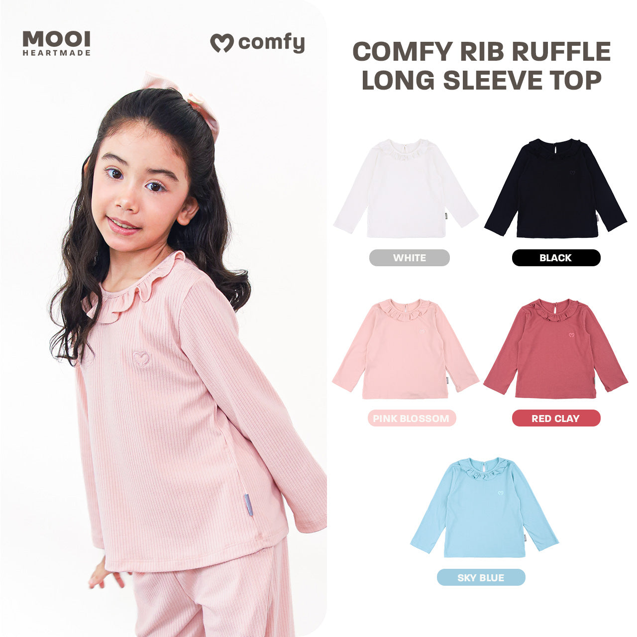 Mooi Atasan Lengan Panjang Anak Perempuan Comfy Rib Ruffle Long Sleeve Top