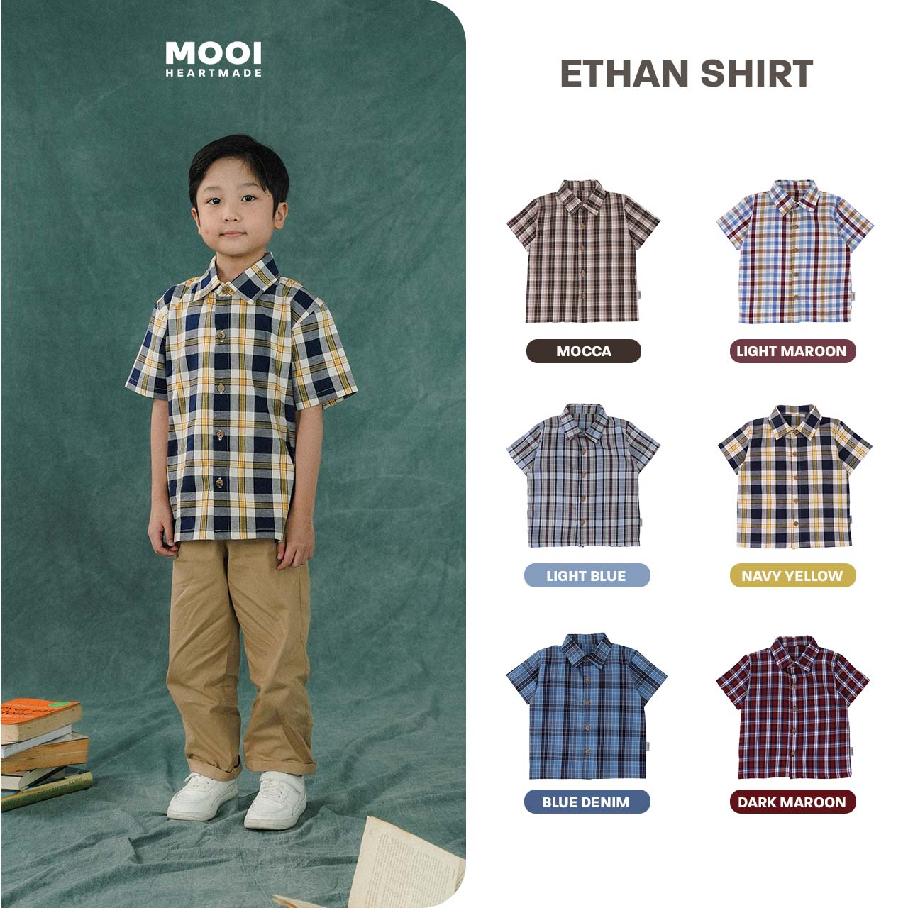 Mooi Kemeja Anak Laki-laki Kemeja Katun Motif Ethan Shirt
