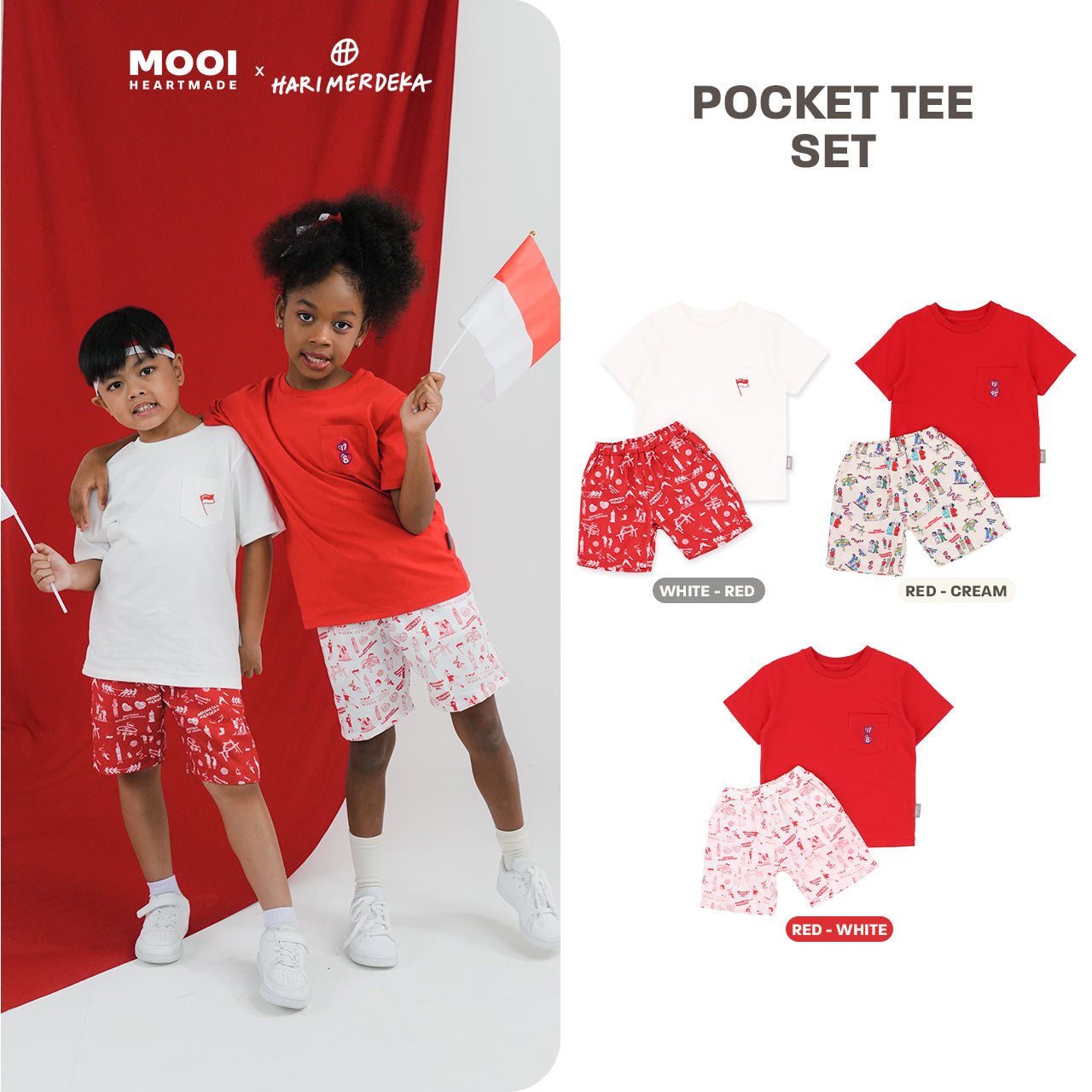 Mooi x Hari Merdeka Kaos Kemerdekaan Setelan Anak Pocket Tee Set Kemerdekaan