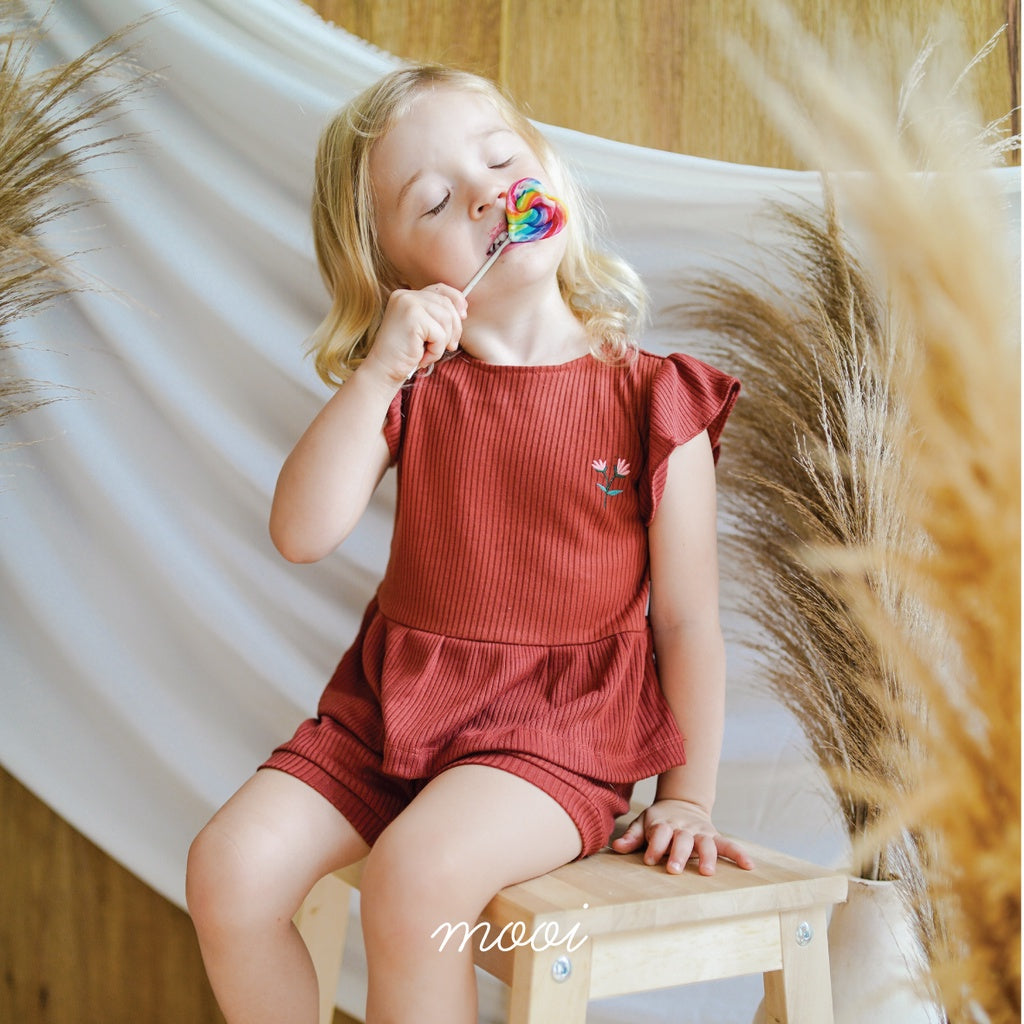 Mooi Setelan Anak Perempuan Rib Ruffle Set
